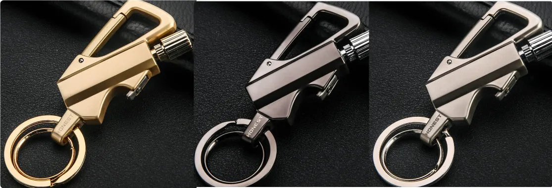Metal keychain lighter with flint striker and bottle opener in black nickel finish