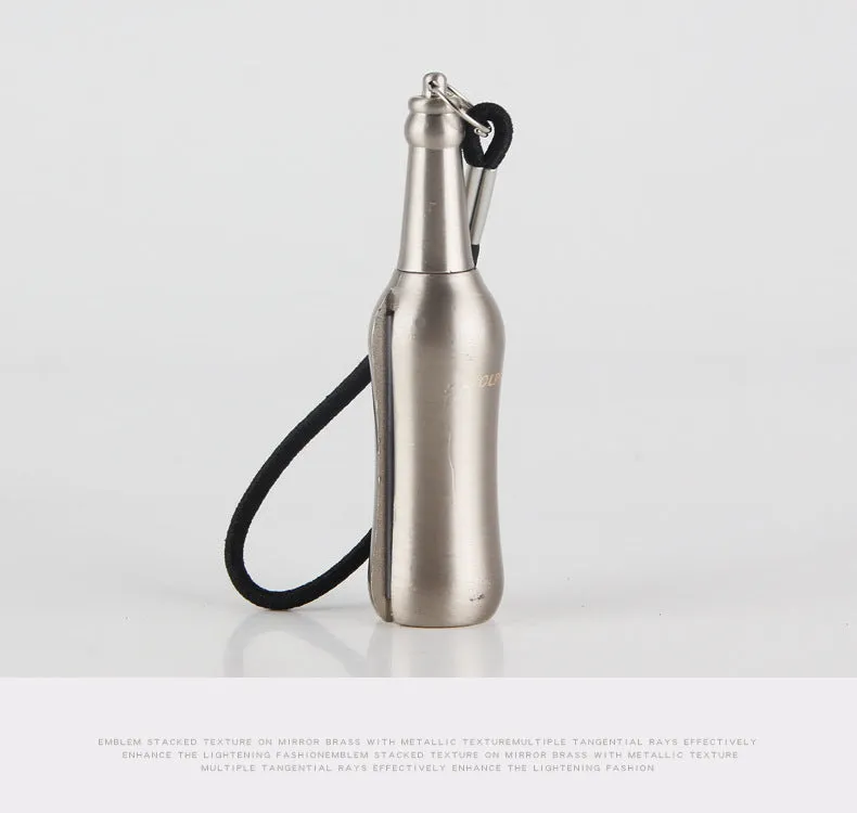 Metal keychain lighter with flint striker and bottle opener in black nickel finish