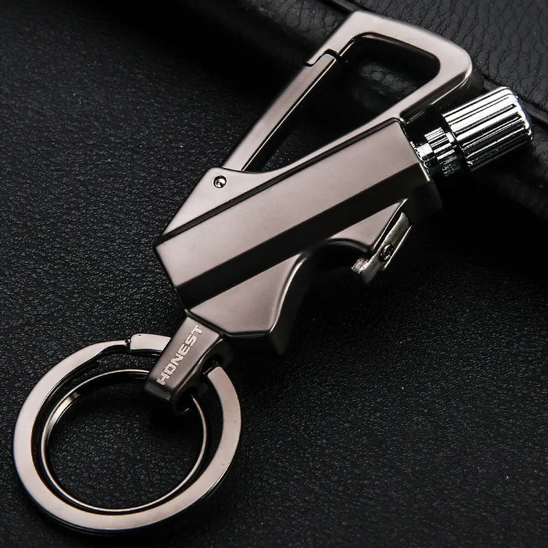 Metal keychain lighter with flint striker and bottle opener in black nickel finish