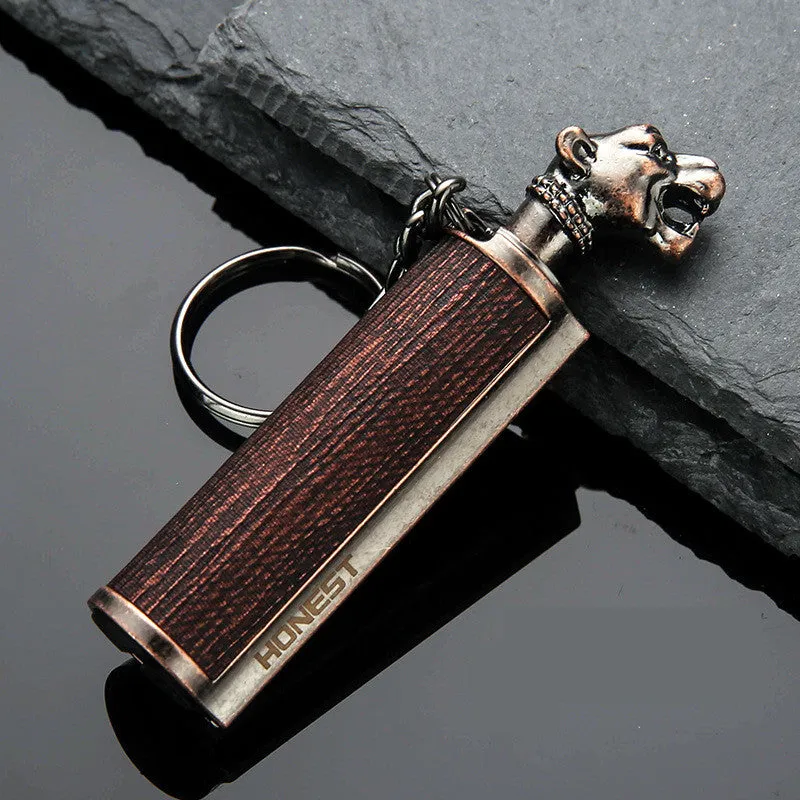 Metal keychain lighter with flint striker and bottle opener in black nickel finish