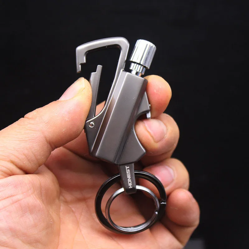 Metal keychain lighter with flint striker and bottle opener in black nickel finish