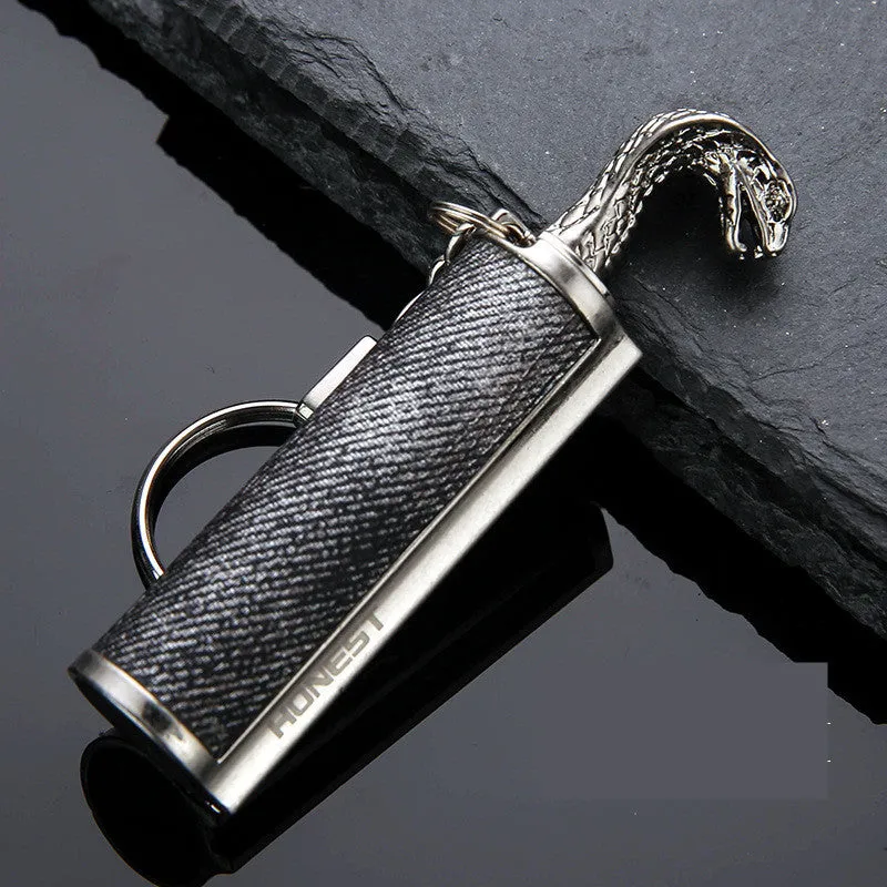 Metal keychain lighter with flint striker and bottle opener in black nickel finish