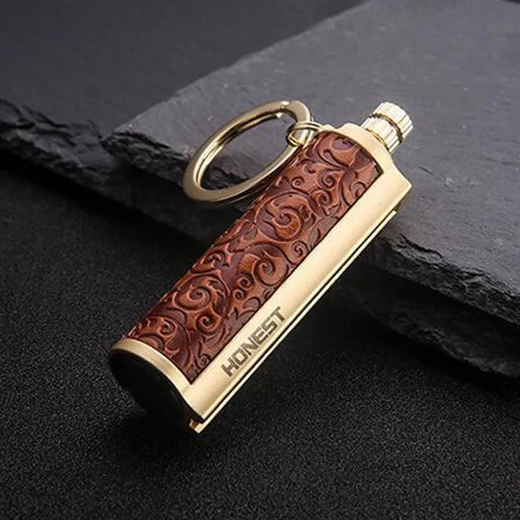 Metal keychain lighter with flint striker and bottle opener in black nickel finish