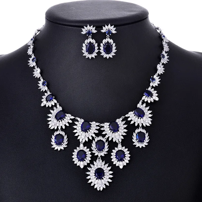 Colourful zircon earrings and necklace set on copper electroplated base with floral pattern for bridal wedding use