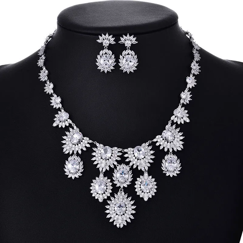 Colourful zircon earrings and necklace set on copper electroplated base with floral pattern for bridal wedding use