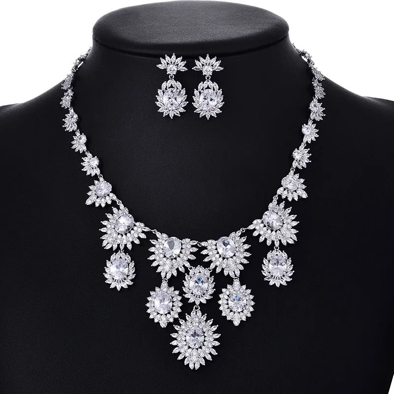 Colourful zircon earrings and necklace set on copper electroplated base with floral pattern for bridal wedding use
