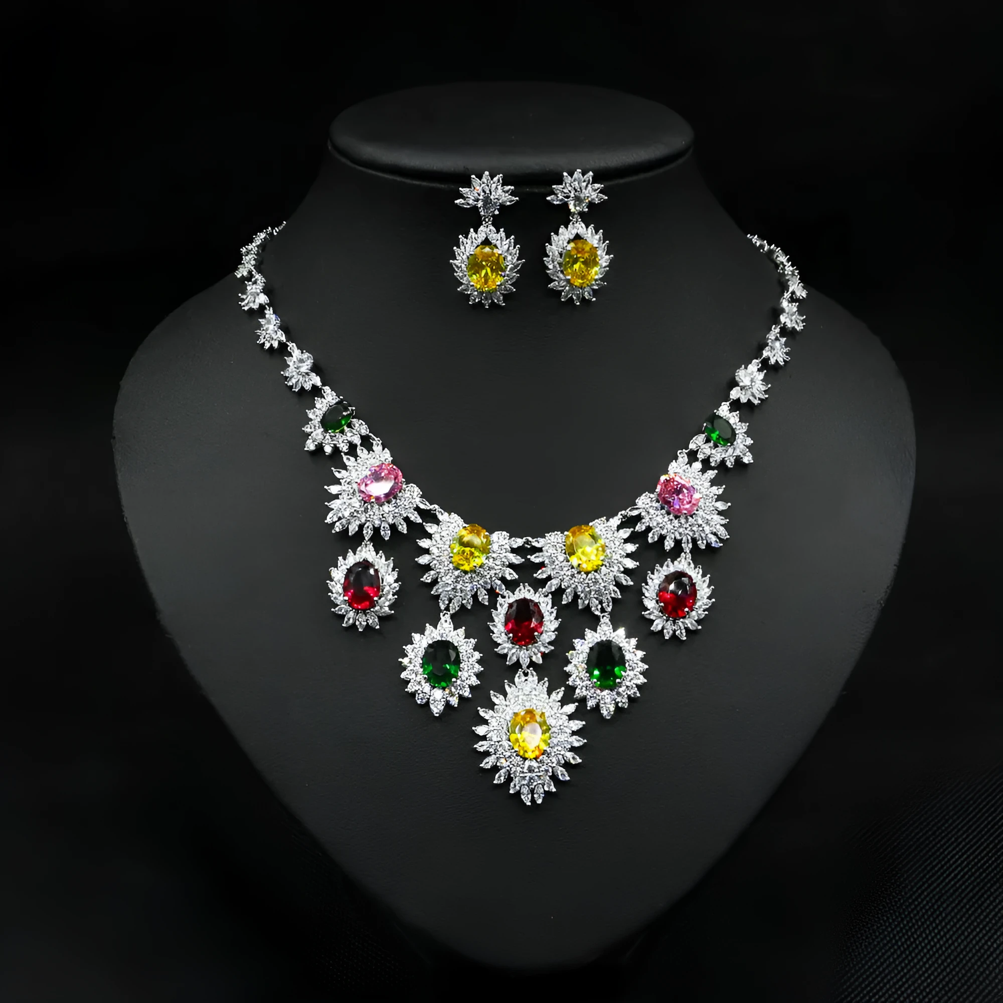 Colourful zircon earrings and necklace set on copper electroplated base with floral pattern for bridal wedding use