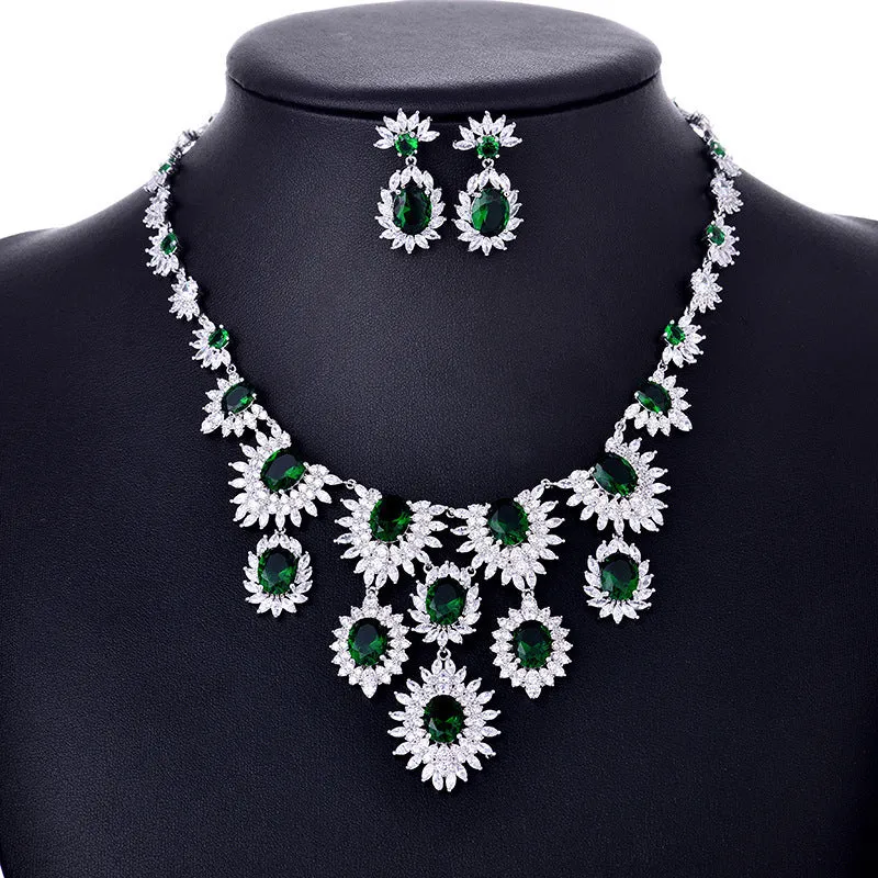 Colourful zircon earrings and necklace set on copper electroplated base with floral pattern for bridal wedding use