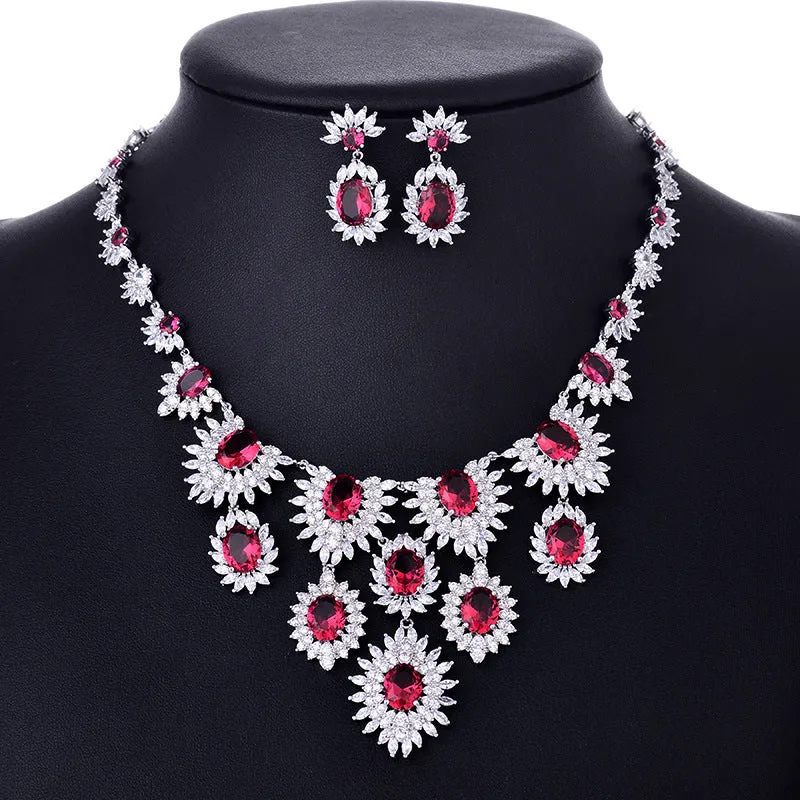 Colourful zircon earrings and necklace set on copper electroplated base with floral pattern for bridal wedding use