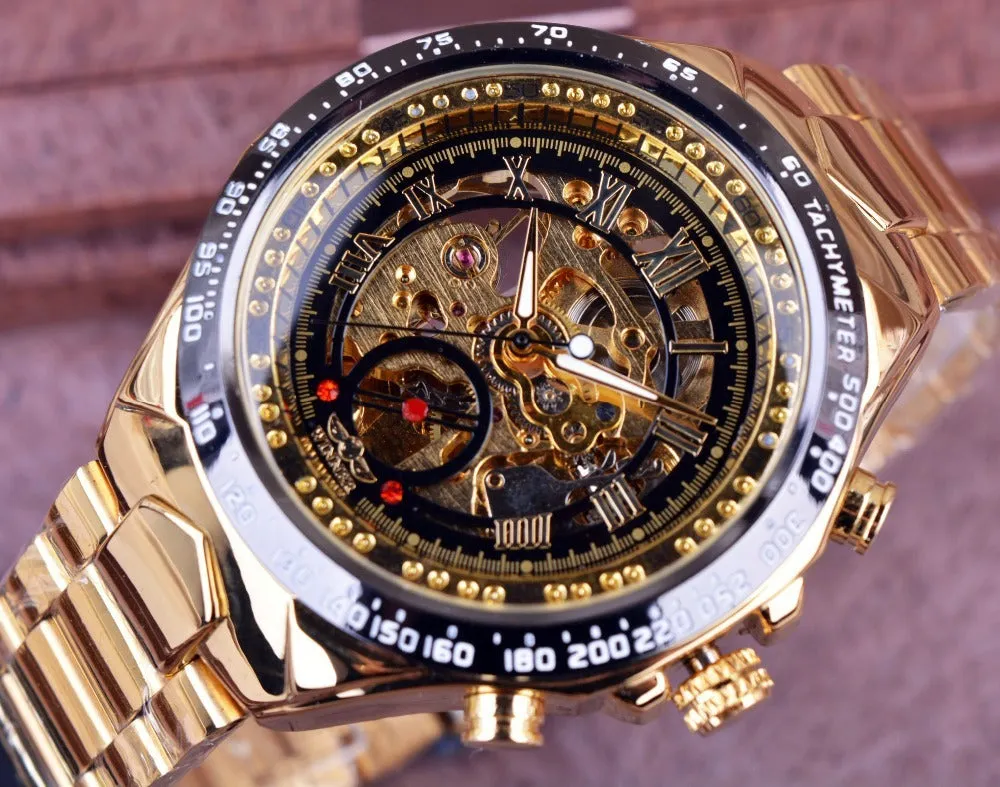 All-steel skeleton automatic mechanical watch for men, silver case, hollow dial visible, 4.4 cm surface width
