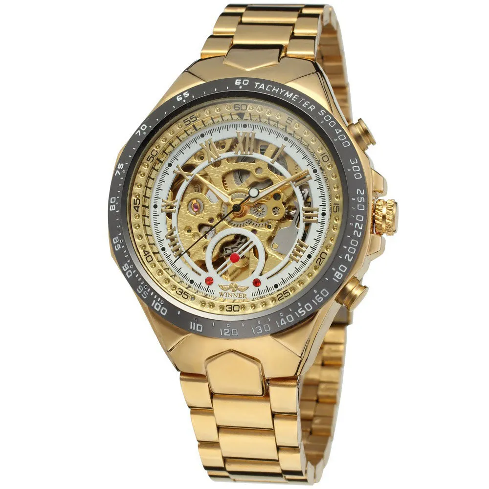 All-steel skeleton automatic mechanical watch for men, silver case, hollow dial visible, 4.4 cm surface width