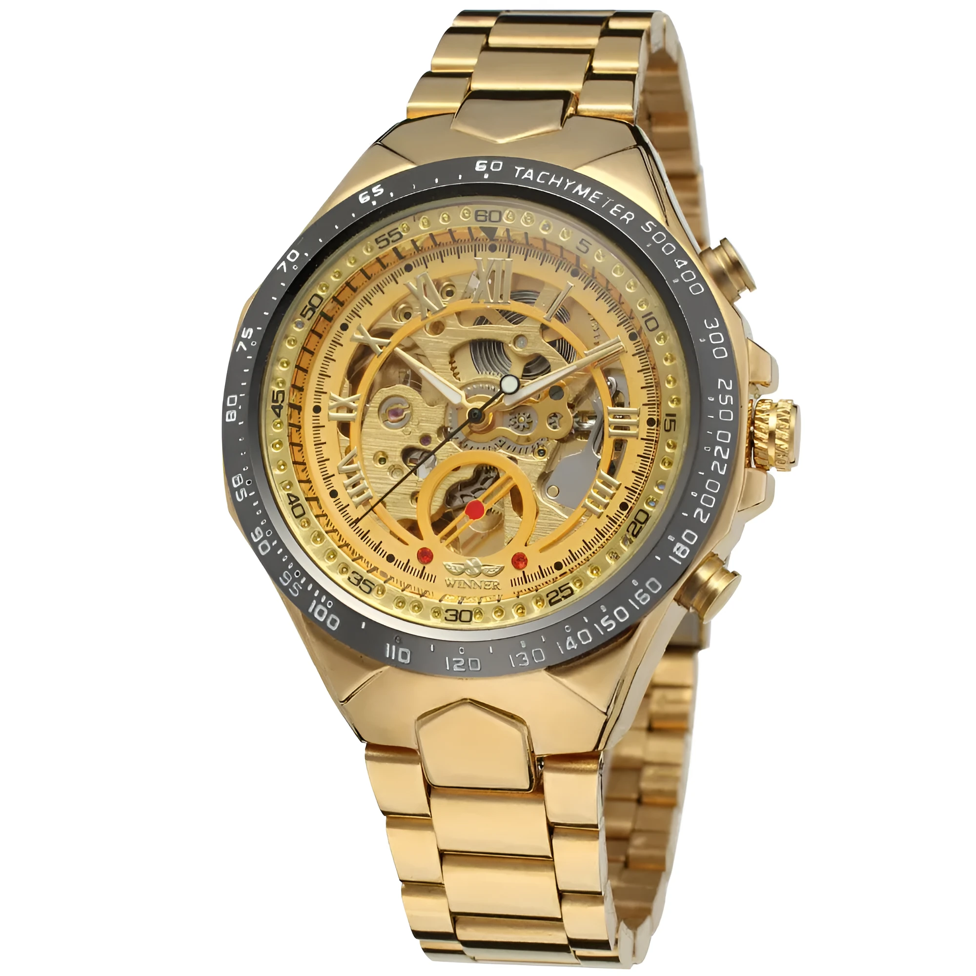 All-steel skeleton automatic mechanical watch for men, silver case, hollow dial visible, 4.4 cm surface width