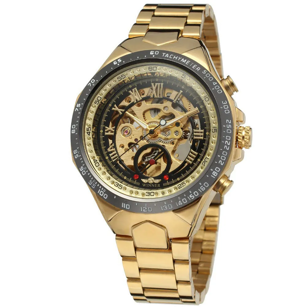All-steel skeleton automatic mechanical watch for men, silver case, hollow dial visible, 4.4 cm surface width