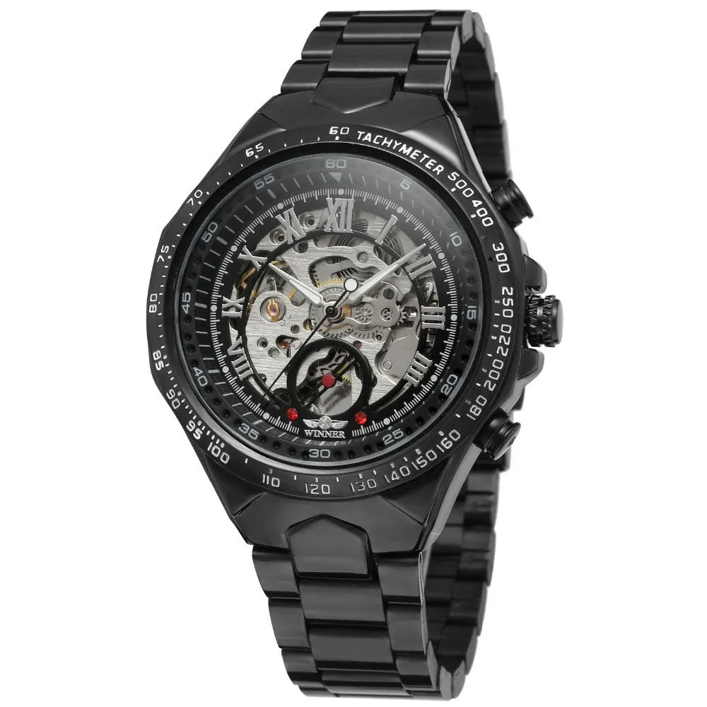 All-steel skeleton automatic mechanical watch for men, silver case, hollow dial visible, 4.4 cm surface width
