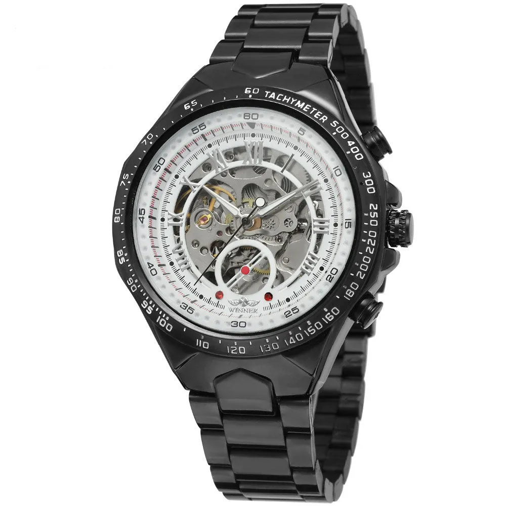 All-steel skeleton automatic mechanical watch for men, silver case, hollow dial visible, 4.4 cm surface width