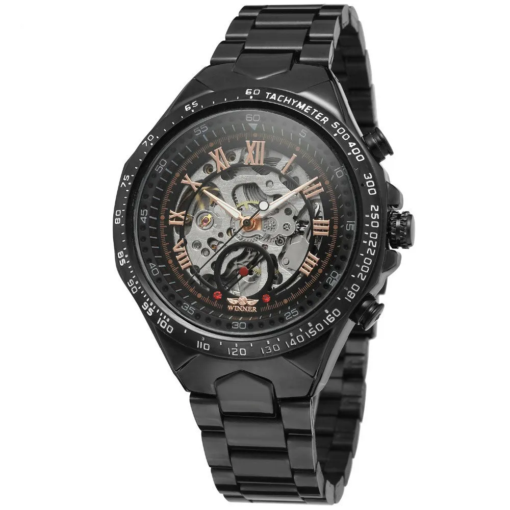 All-steel skeleton automatic mechanical watch for men, silver case, hollow dial visible, 4.4 cm surface width