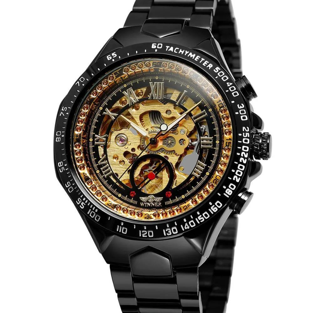 All-steel skeleton automatic mechanical watch for men, silver case, hollow dial visible, 4.4 cm surface width