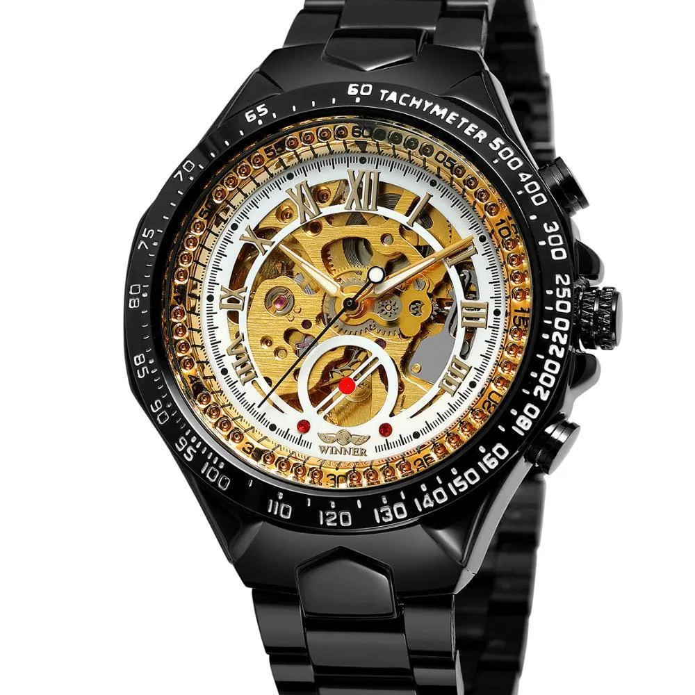 All-steel skeleton automatic mechanical watch for men, silver case, hollow dial visible, 4.4 cm surface width