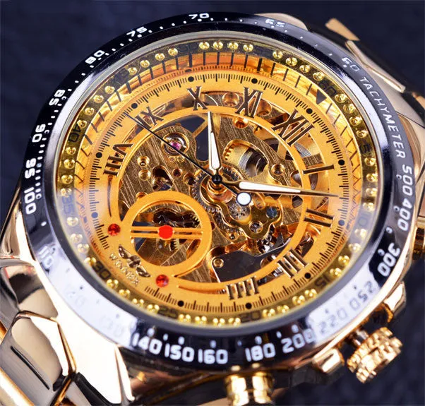All-steel skeleton automatic mechanical watch for men, silver case, hollow dial visible, 4.4 cm surface width