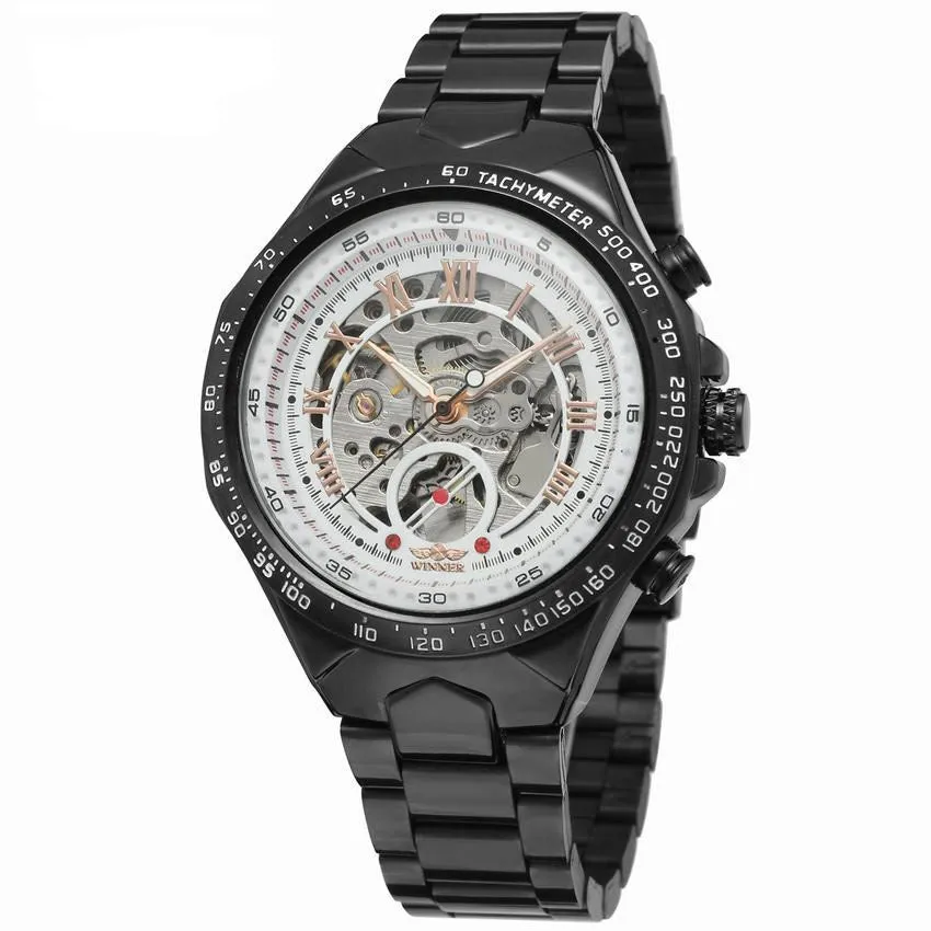 All-steel skeleton automatic mechanical watch for men, silver case, hollow dial visible, 4.4 cm surface width