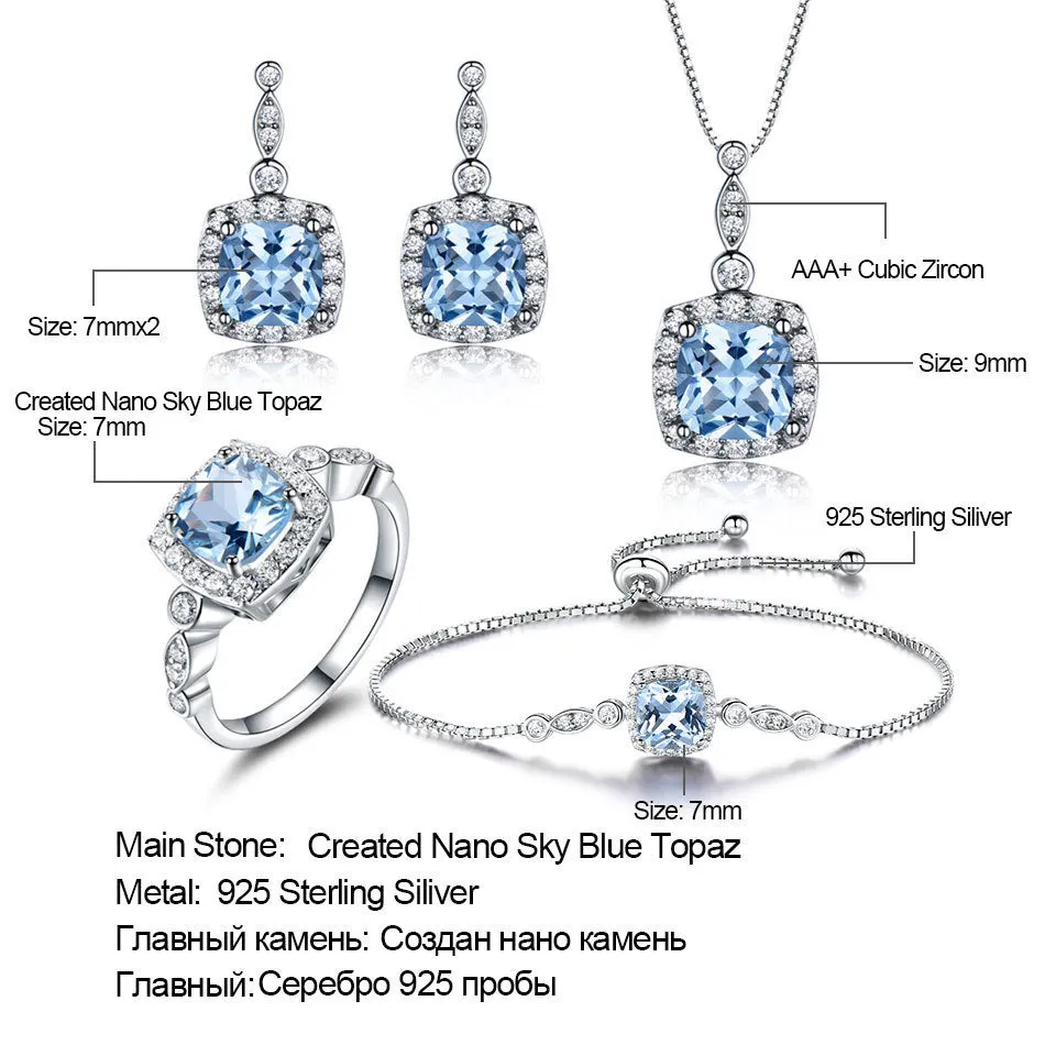 925 sterling silver jewellery set with sky blue topaz stones, including necklace, bracelet and earrings