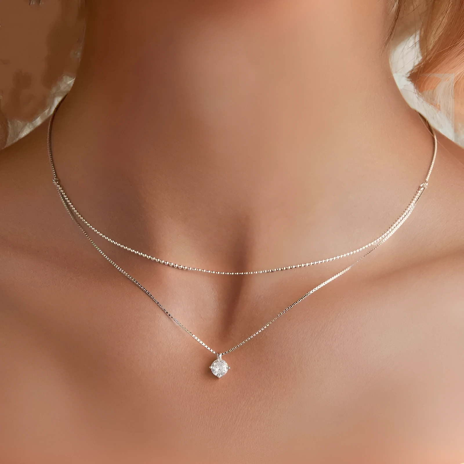 Women's S925 sterling silver double-layer necklace with pearl chain in silver colour