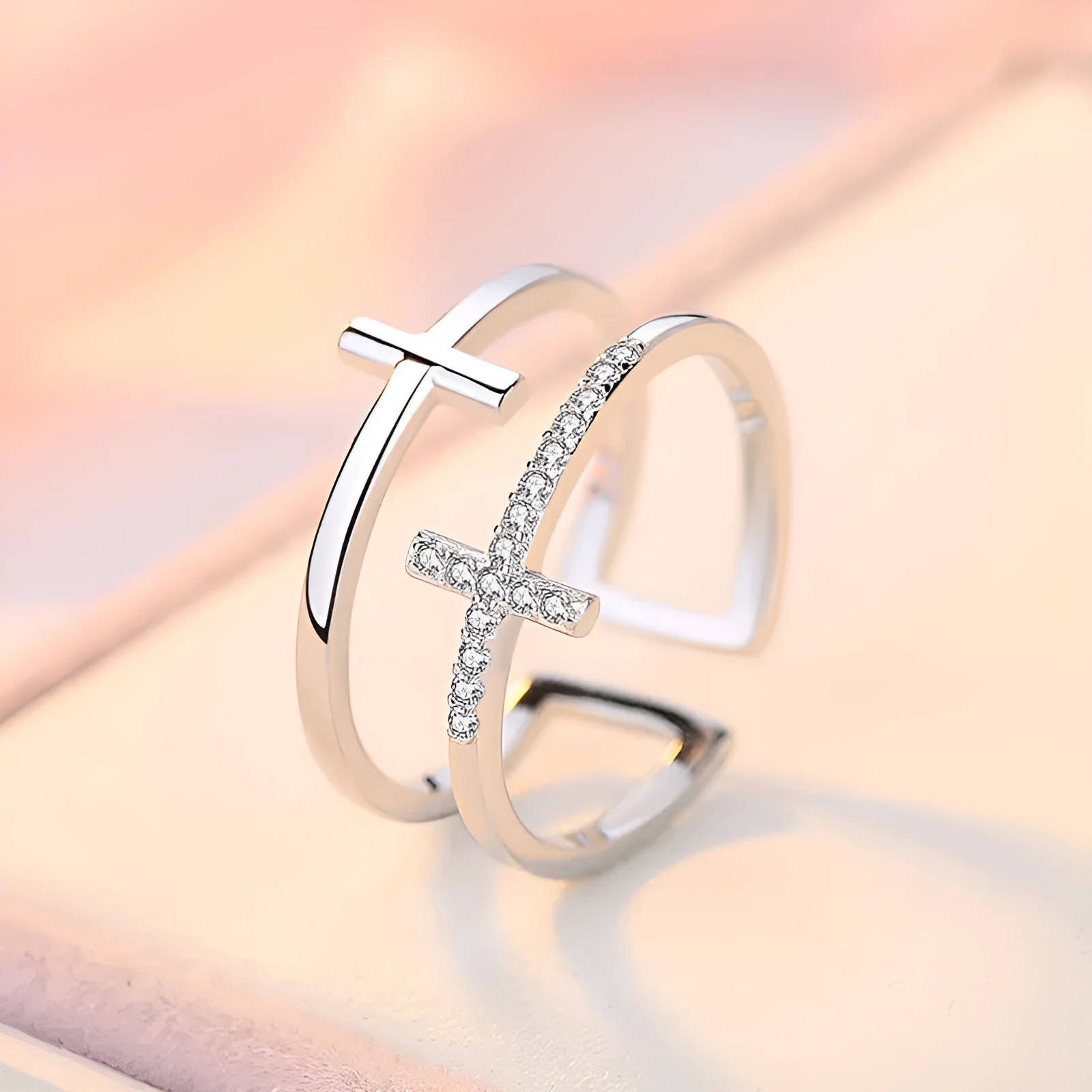 Double cross miniature copper ring with zircon inlay and adjustable open band, gold finish