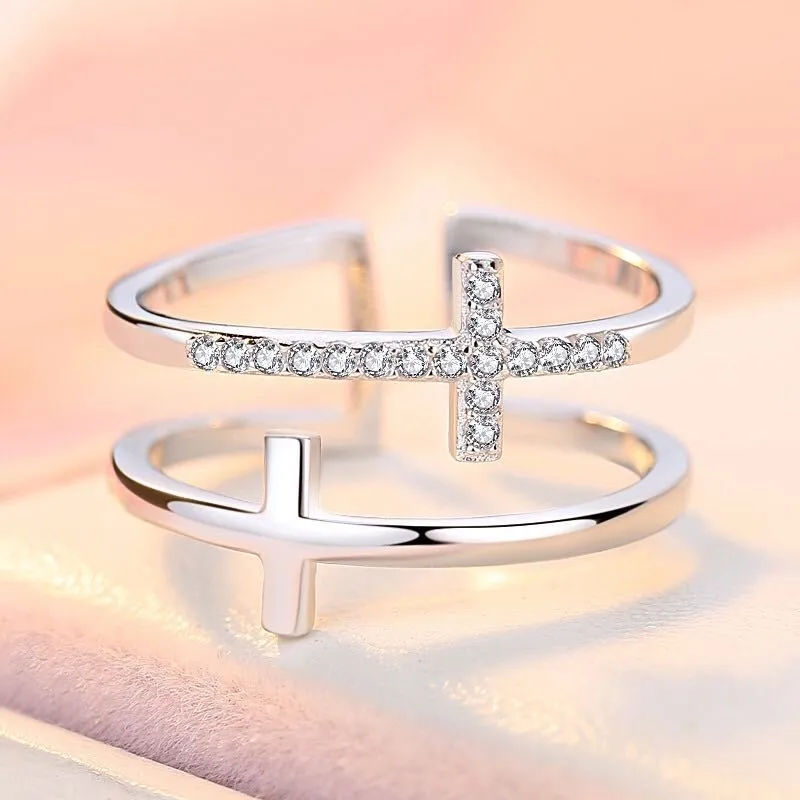 Double cross miniature copper ring with zircon inlay and adjustable open band, gold finish