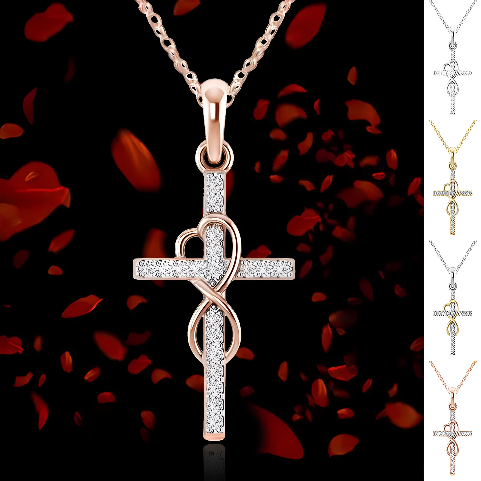 Alloy cross pendant necklace with diamond detail, adjustable chain, gold colour, unisex design