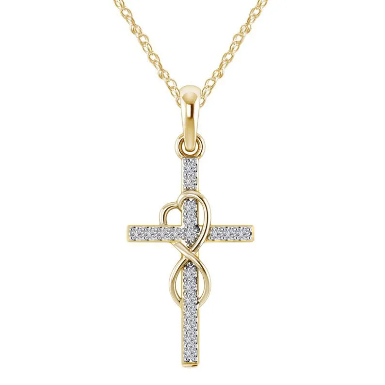 Alloy cross pendant necklace with diamond detail, adjustable chain, gold colour, unisex design