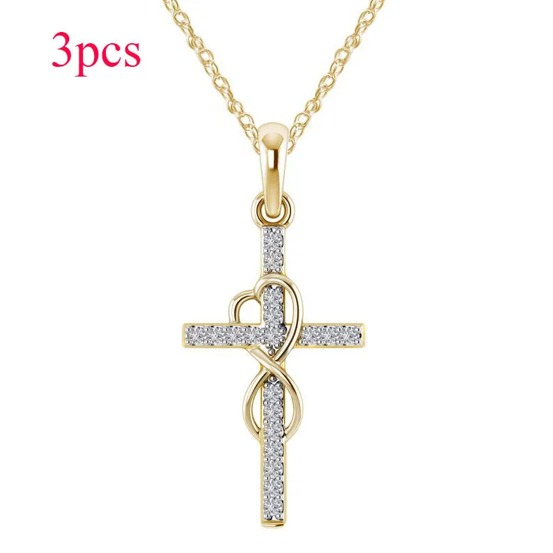 Alloy cross pendant necklace with diamond detail, adjustable chain, gold colour, unisex design