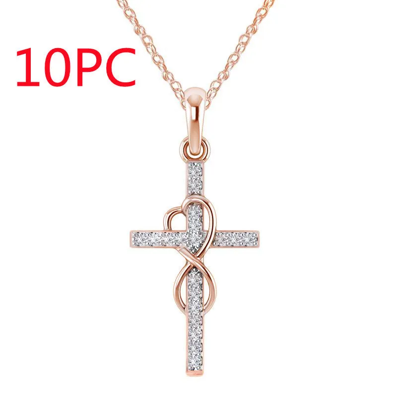 Alloy cross pendant necklace with diamond detail, adjustable chain, gold colour, unisex design