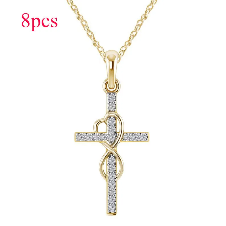 Alloy cross pendant necklace with diamond detail, adjustable chain, gold colour, unisex design