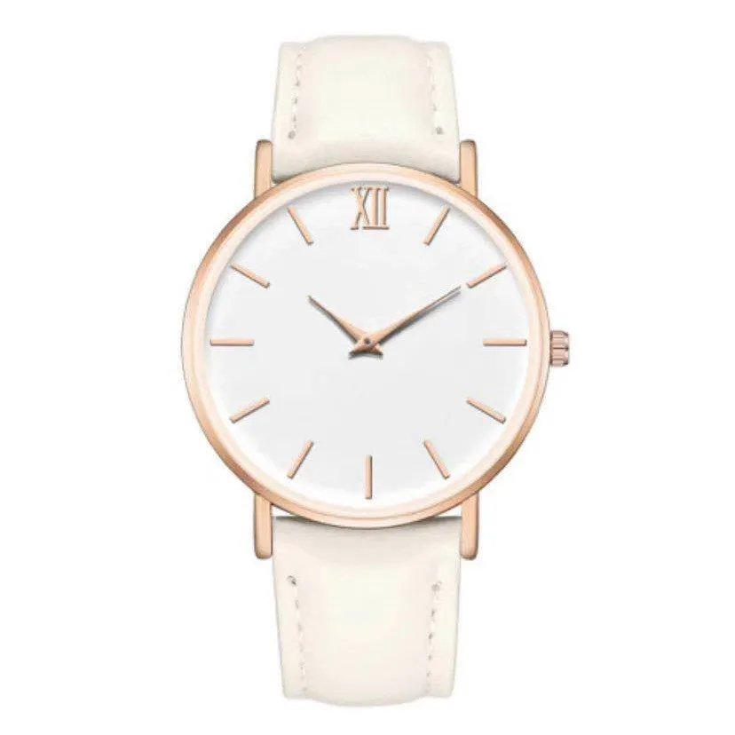 Ladies fashion quartz watch with frosted imitation leather strap, round alloy case, 38mm dial, white dial, pin buckle clasp, onion crown