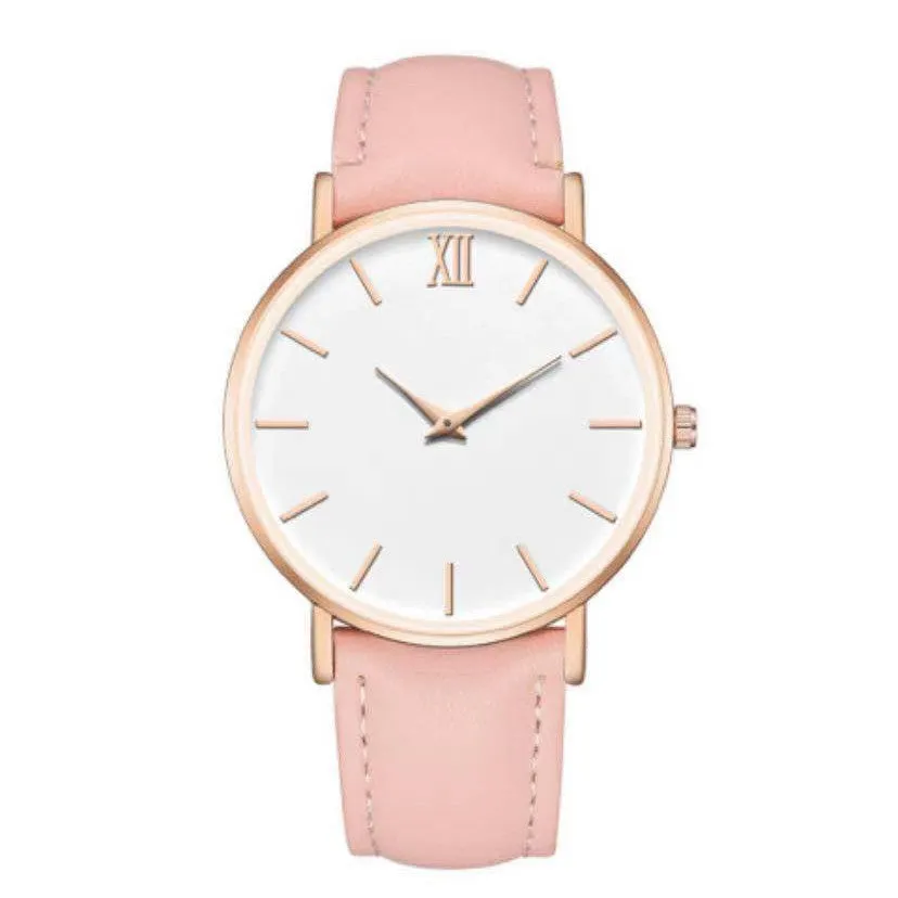 Ladies fashion quartz watch with frosted imitation leather strap, round alloy case, 38mm dial, white dial, pin buckle clasp, onion crown