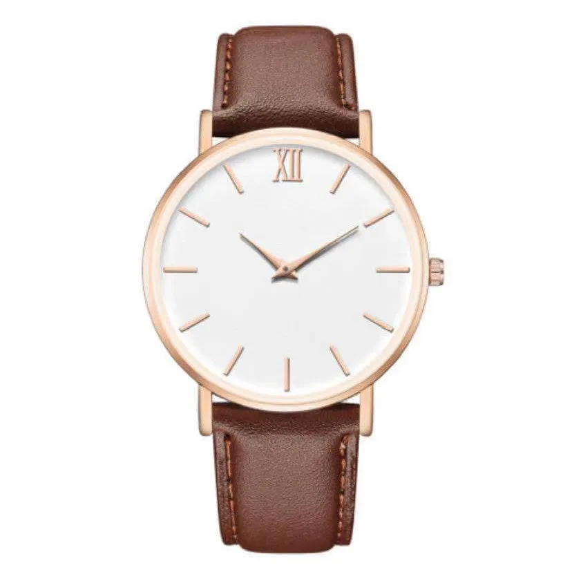 Ladies fashion quartz watch with frosted imitation leather strap, round alloy case, 38mm dial, white dial, pin buckle clasp, onion crown