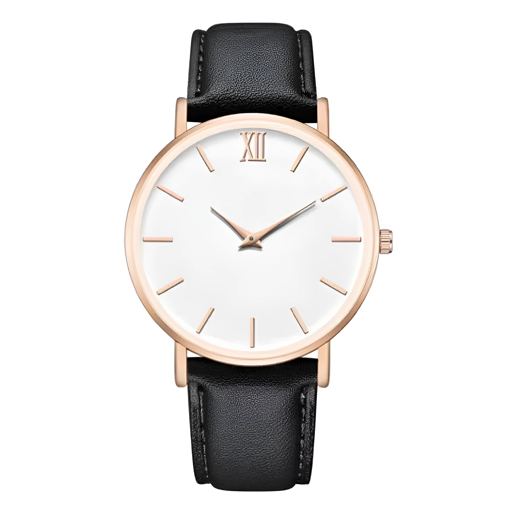 Ladies fashion quartz watch with frosted imitation leather strap, round alloy case, 38mm dial, white dial, pin buckle clasp, onion crown