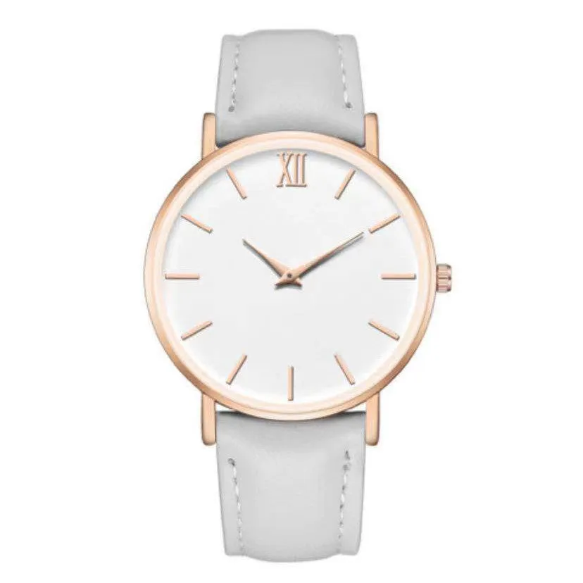 Ladies fashion quartz watch with frosted imitation leather strap, round alloy case, 38mm dial, white dial, pin buckle clasp, onion crown