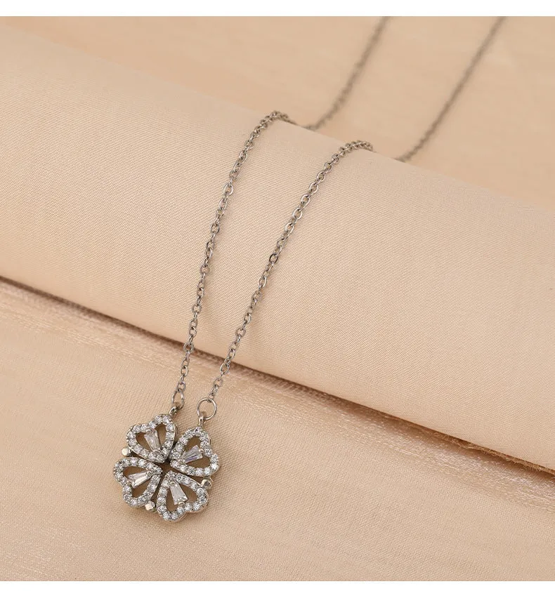 Gold titanium steel four-leaf clover necklace with diamond inlay on 42cm chain