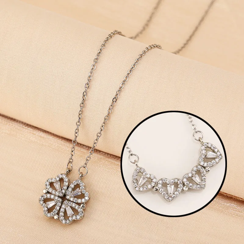 Gold titanium steel four-leaf clover necklace with diamond inlay on 42cm chain