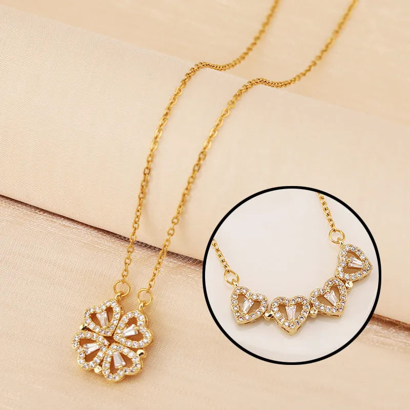 Gold titanium steel four-leaf clover necklace with diamond inlay on 42cm chain