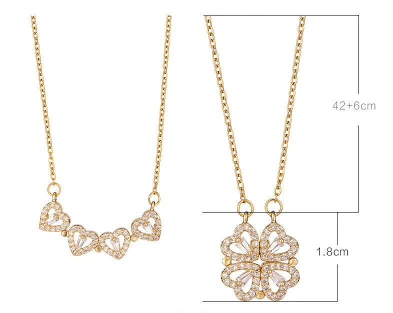Gold titanium steel four-leaf clover necklace with diamond inlay on 42cm chain