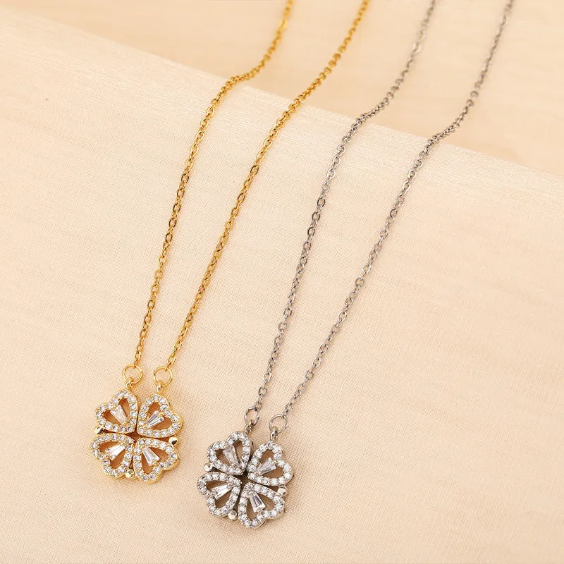 Gold titanium steel four-leaf clover necklace with diamond inlay on 42cm chain