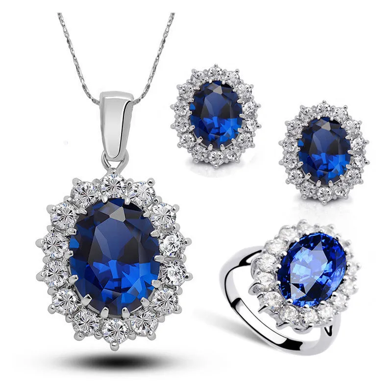 Korean style crystal bridal jewellery set necklace earrings ring copper 40+5cm chain extension olive green