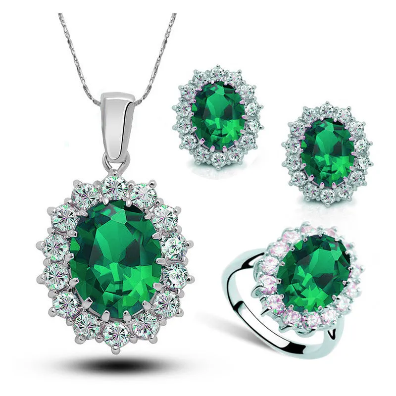 Korean style crystal bridal jewellery set necklace earrings ring copper 40+5cm chain extension olive green