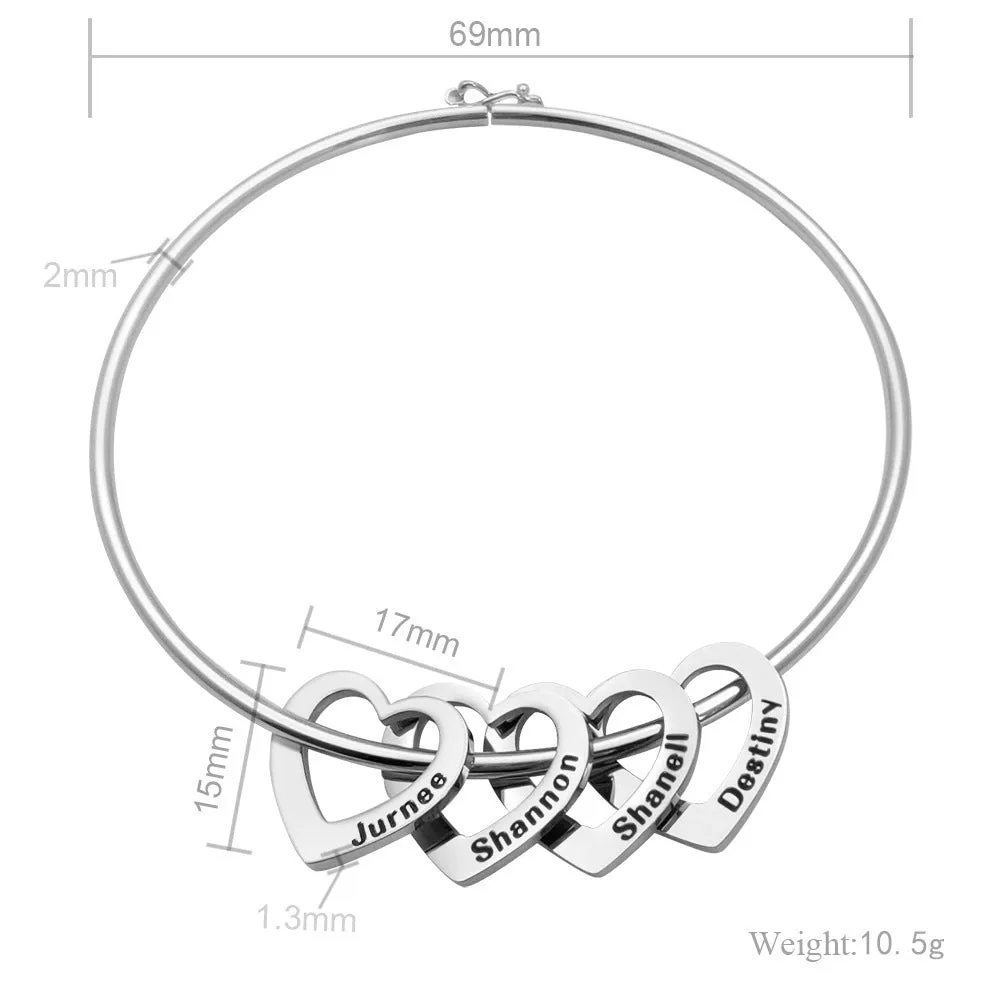 Love bracelet with peach heart charm and name lettering in stainless steel, silver colour