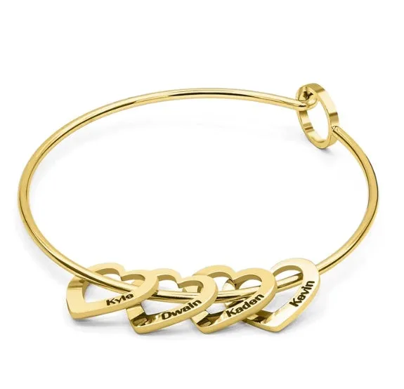 Love bracelet with peach heart charm and name lettering in stainless steel, silver colour