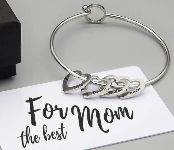 Love bracelet with peach heart charm and name lettering in stainless steel, silver colour