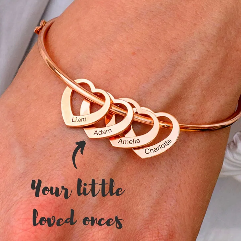 Love bracelet with peach heart charm and name lettering in stainless steel, silver colour