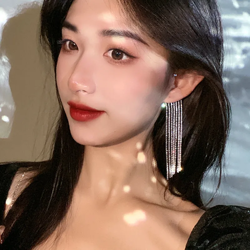 Geometric long tassel earrings 14K real gold plated alloy women's ear hooks